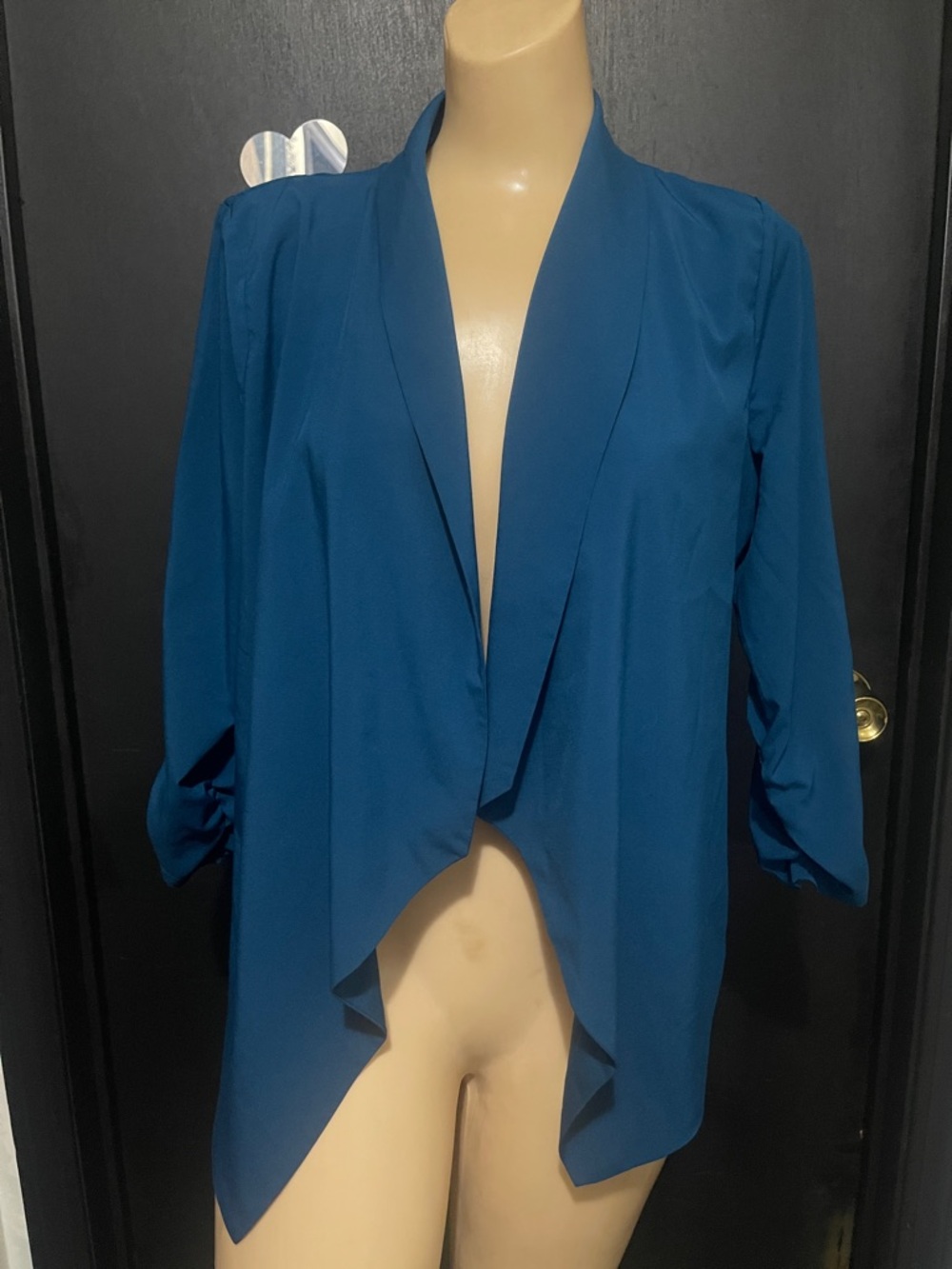 Women's Papaya Teal Open Front Draped Jacket W/ 3/4  Ruched Sleeves (M)
